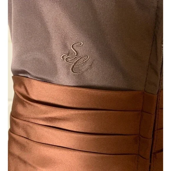 Simone Carvalli Dress Brown Woodland Forest Fairy Ruched Floral Appliqué Size 12 - Picture 6 of 16